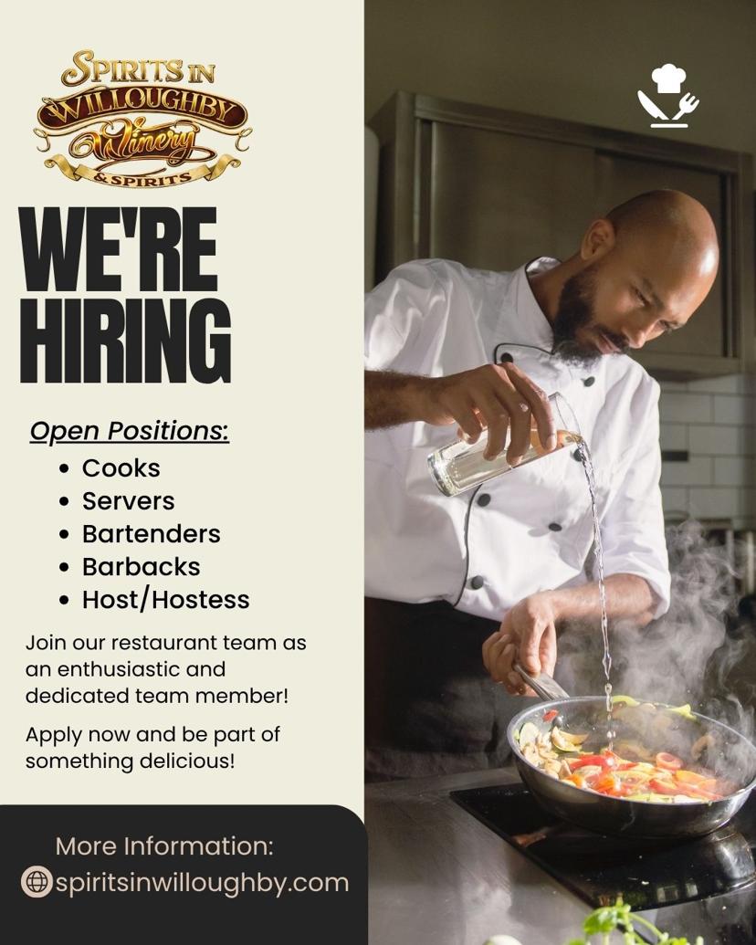 Spirits in Willoughby hiring flyer for cooks, servers, bartenders, barbacks, and host or hostess positions